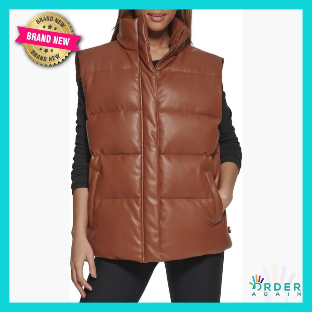 Vegan Leather Puffer Vest Quilted Oversized Chic Fall Outerwear Sleeveless